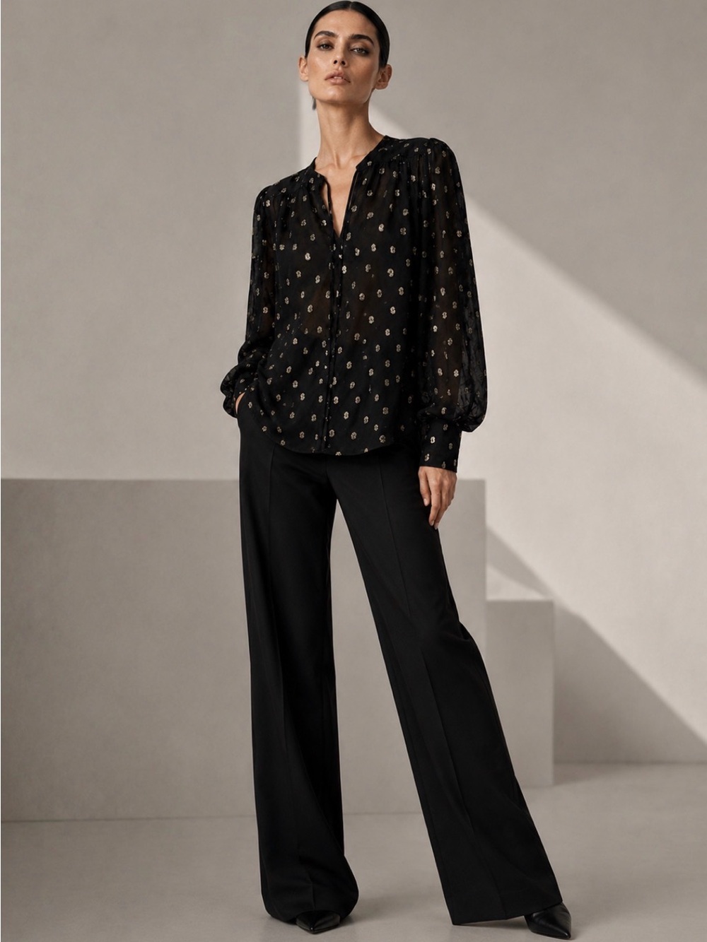 Derek Lam 10 Crosby Ellie Puff Black Blouse Gold Pattern Sheer Black Large